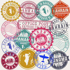 Manama Bahrain Set of Stamps. Travel Stamp. Made In Product. Design Seals Old Style Insignia.