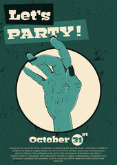 Vector illustration for Halloween. The concept of invitation, postcard, flyer for Halloween. Can be used for web, print. Illustration contains: a cool zombie hand inviting to a party, space for text.