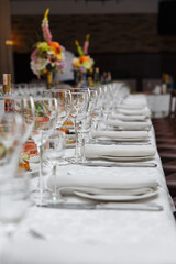 Table set for wedding or another catered event dinner.