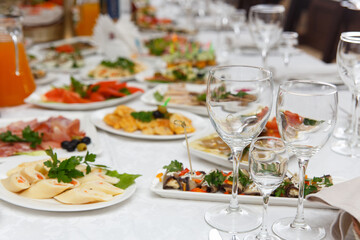 Table set for wedding or another catered event dinner.