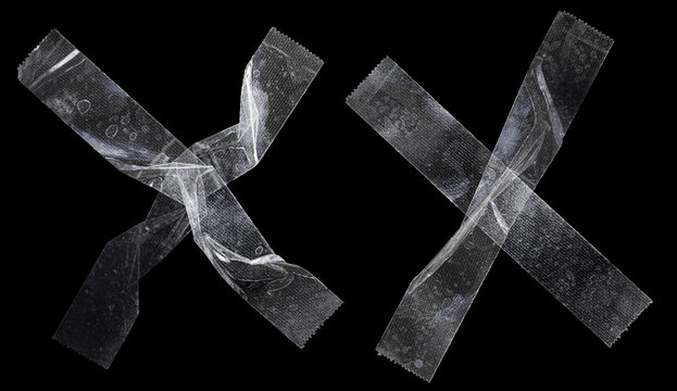 sets of transparent sticky tapes forming the letter x or overlapping each other on black background, crumpled plastic snips, poster design overlays or elements.