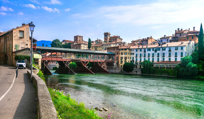 Fototapeta premium Beautiful medieval towns of Italy -picturesque Bassano del Grappa with famous bridge, Vicenza province, region of Veneto