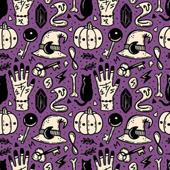 Halloween seamless pattern. Holiday packaging paper design. Witch` hat, pumpkin, cat, snake, bone, key, hand, crystal, herbs. Esoteric, supernatural, paranormal.