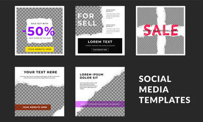 Social media post layout with vector torn paper effect. Editable square design template