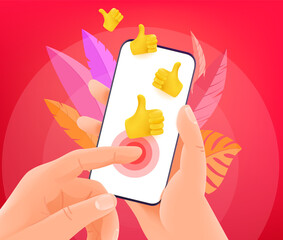 Social network reaction via smartphone. Man holding modern smartphone and tapping on the screen. Trendy style illustration