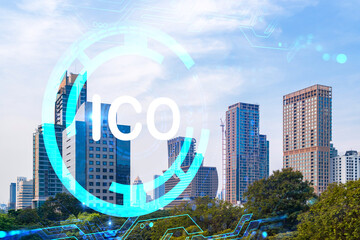 ICO icon hologram over panorama city view of Bangkok, the hub of blockchain projects in Asia. The...