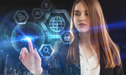 Business, Technology, Internet and network concept. Young businessman working on a virtual screen of the future and sees the inscription: Begin new career