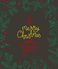 Hand drawn Christmas greeting card template. Vector card with doodling elements