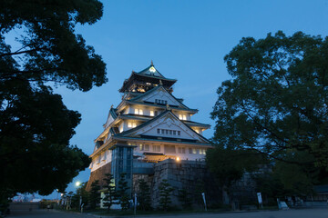 Fototapeta premium Night time view of the main tower of Osaka Castle lit up on the hillside with trees