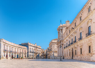 Syracuse Sicily, cathedral square below in blue sky