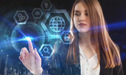 Business, Technology, Internet and network concept. Young businessman working on a virtual screen of the future and sees the inscription: Career opportunities