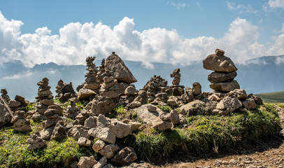 Fortune stones accumulated on the summit of Monte Bullaccia on the Alpe di Siusi.