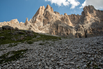 Panoramic view on the south side of the Sassolungo, from the path that leads to the Vicenza refuge, South Tyrolean Dolomites
