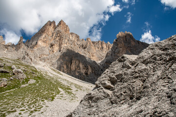 Panoramic view on the south side of the Sassolungo, from the path that leads to the Vicenza refuge, South Tyrolean Dolomites
