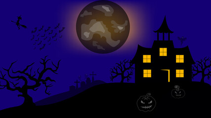 Halloween pumpkins and castle illustration. Halloween night celebration. Style composition Background Halloween . Old haunted house surrounded by silhouettes of trees with the big moon. Vector image