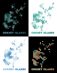 Orkney Islands map. Collection of map of Orkney Islands in dotted style. Borders of the island filled with rectangles for your design. Vector illustration.