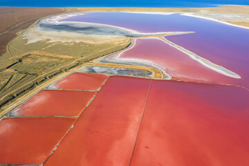 aerial view to spit and coast of salt pink lake with rows of wooden trunks