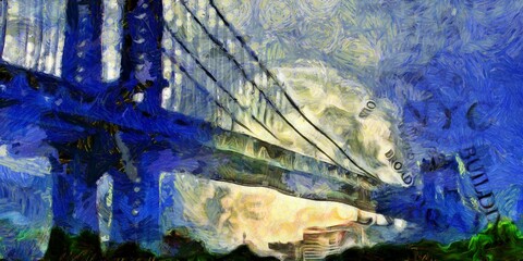 Surrealism. Manhattan bridge, giant moon at the horizon. 3D rendering