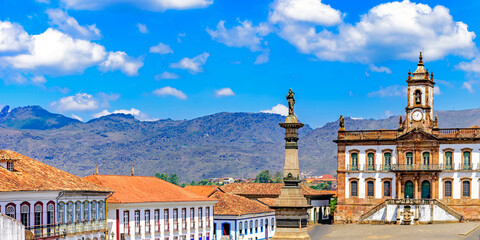 Ouro Preto central square with its historic buildings and monuments in 18th century Baroque and colonial architecture