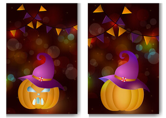 cards with pumpkins in a witch hat on an abstract dark background, top view orange and purple flags. Illustration