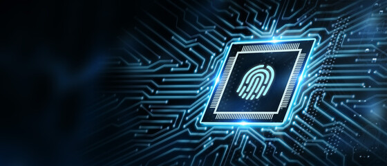 Fingerprint scan provides security.  Business, technology, internet and networking concept.