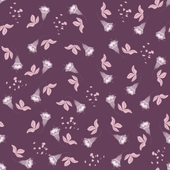 Simple vector floral seamless pattern. Abstract background with small flowers, leaves. Liberty style wallpapers. Ditsy texture. Folk style painting. Pink and purple color. Repeat decorative design