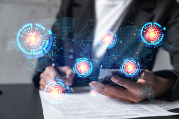 Planet earth world map hologram and a woman signing contract use phone. Multiexposure.