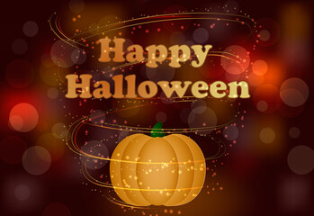 pumpkin without a face on a dark abstract background, text - happy halloween, autumn leaves, maple, magic glow