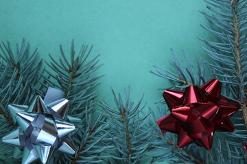 new year's Christmas background pine spruce branches and gift new year's bow on a green mint background top view