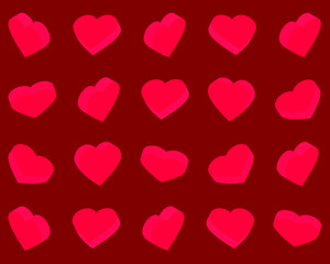 Red hearts on a red background. Vector illustration for fabric design, print for textile, wrapping, wed design, packaging, etc. 