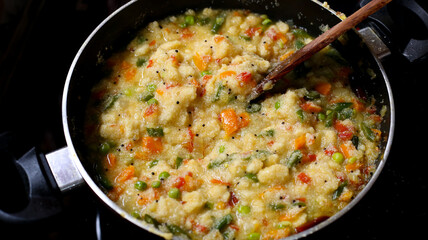 Preparing south indian breakfast, Rava upma recipes