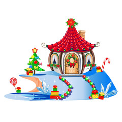 Magic little house decorated for Christmas. House of santa claus. Merry Christmas. Vector illustration.
