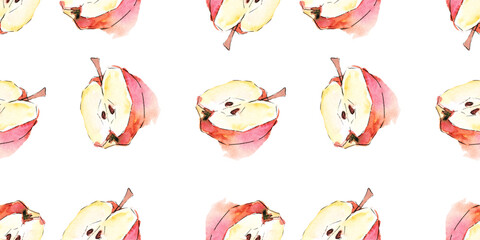 Seamless background. The Apple is hand-drawn in watercolor.