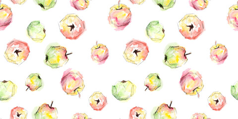 Seamless background. The Apple is hand-drawn in watercolor.