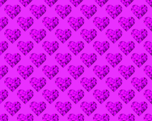 Purple polygonal hearts on a purple background. Seamless pattern. Vector illustration for fabric design, print for textile, wrapping, wed design, packaging, etc 
