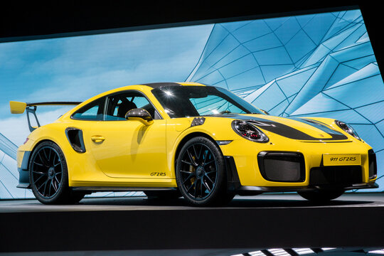 Porsche 911 GT2 RS sports car showcased at the Frankfurt IAA Motor Show 2017. FRANKFURT, GERMANY - SEP 12, 2017.