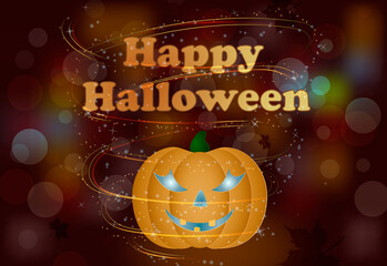 pumpkin with an evil face on a dark abstract background, text - happy halloween, autumn leaves, maple, magic glow, lights