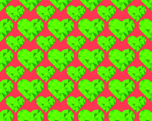 Green polygonal hearts on a pink background. Seamless pattern. Vector illustration for fabric design, print for textile, wrapping, wed design, packaging, etc. 