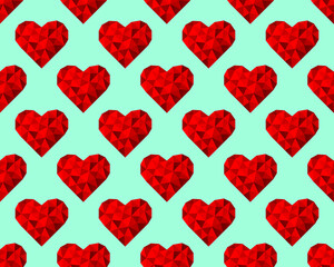 Red polygonal hearts on a blue background. Seamless pattern. Vector illustration for fabric design, print for textile, wrapping, wed design, packaging, etc.