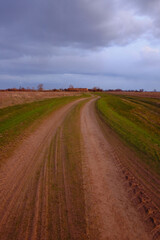 Fototapeta na wymiar Long dirt road in the fields. Cloudy evening landscape.