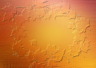 Illustration with a wreath of maple leaves on a wooden table with an embossed effect on an orange...