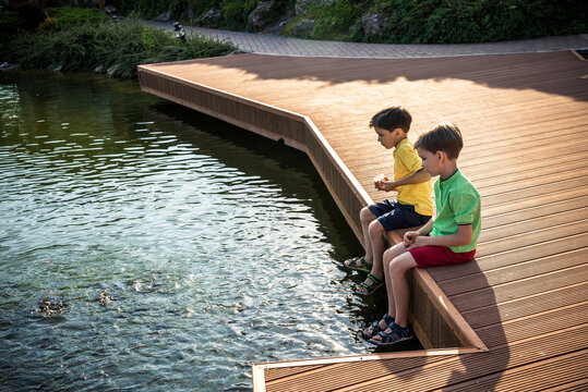 Two children feed the wild ducks and shoal of small fish in azure clean transparent lake. Brother boys are best friends. Summer holiday friendship concept