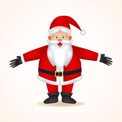 Santa greeting. Red Santa hat. For Christmas and New Year posters presenting. Vector illustration of elf on white background. Isolated.