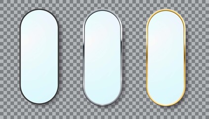 Realistic mirrors oval frame vector set of different colors isolated. Realistic metalic oval frames mirrors template. Reflecting glass surfaces isolated. 3D icons vector set. - 379172783