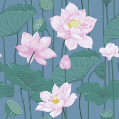 Seamless Pink Lotus Flowers and Buds with Green Leaves on Bluish Background for Fabric and Decorative Patterns