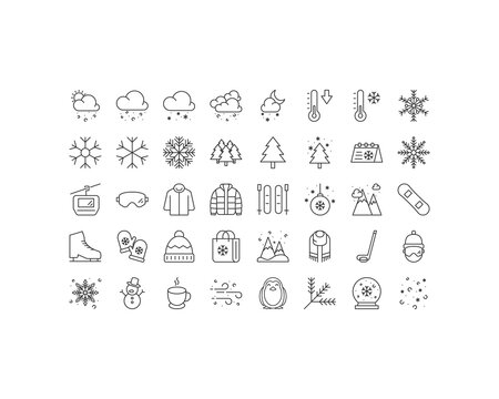 set of winter season thin line icons, snow, snowflake, weather