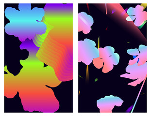 Retrowave / futuristic bright tropical flower and geometric abstract shapes light effects, nostalgic 80s style inspiration background template design