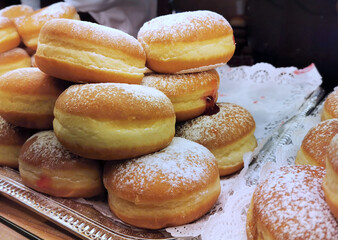 Donuts on Christmas market during the holiday season.