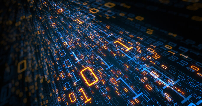Abstract Software Source Code. Binary code, computer programming / coding. 0 and 1 moving across screen in all direction. Software developers, engineers. 3D render