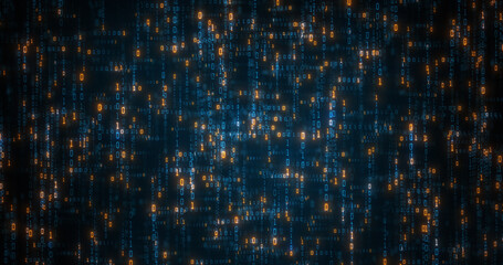 	
Digital binary data and streaming binary code executed by a computer on a 3D plane. Visual representation big data concept. Compiling, optimizing Neural Nets. 3D render